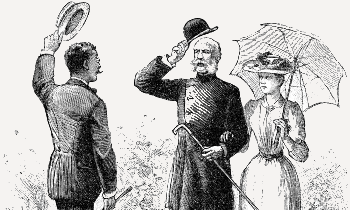 Deux messieurs se saluant en présence d'une dame.